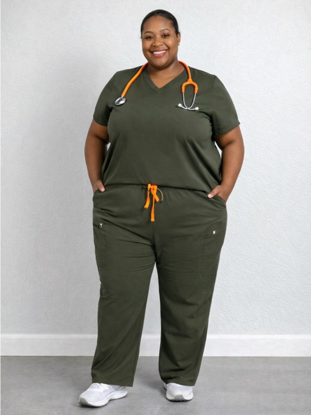 BRAND NEW WITH TAGS Figs Olive Green Wide Leg Scrub Pants with Orange Drawstring
